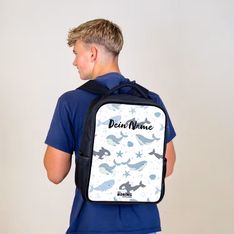 Kinderrucksack - Schwarz - Wal-Muster mit Muscheln blau — 3