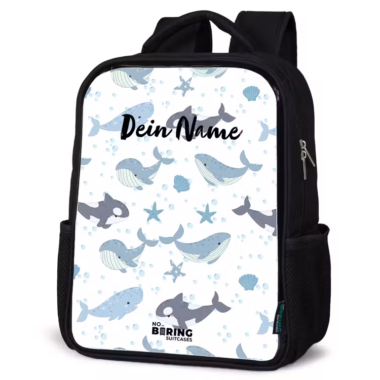Kinderrucksack - Schwarz - Wal-Muster mit Muscheln blau — 4