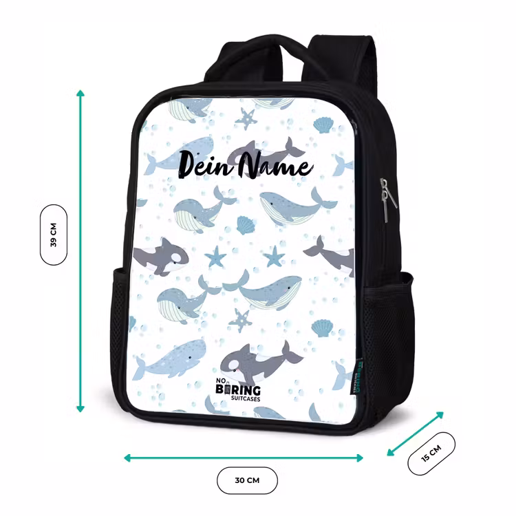 Kinderrucksack - Schwarz - Wal-Muster mit Muscheln blau — 6