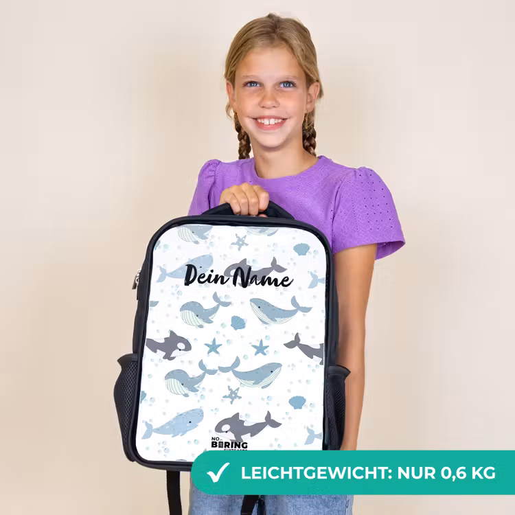 Kinderrucksack - Schwarz - Wal-Muster mit Muscheln blau — 7