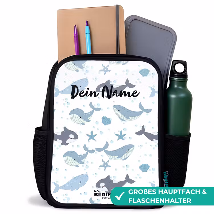 Kinderrucksack - Schwarz - Wal-Muster mit Muscheln blau — 8