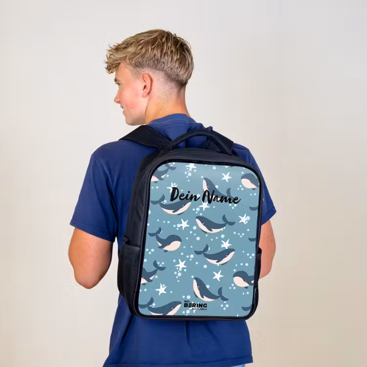 Kinderrucksack - Schwarz - Wale mit Seesternmuster blau — 3