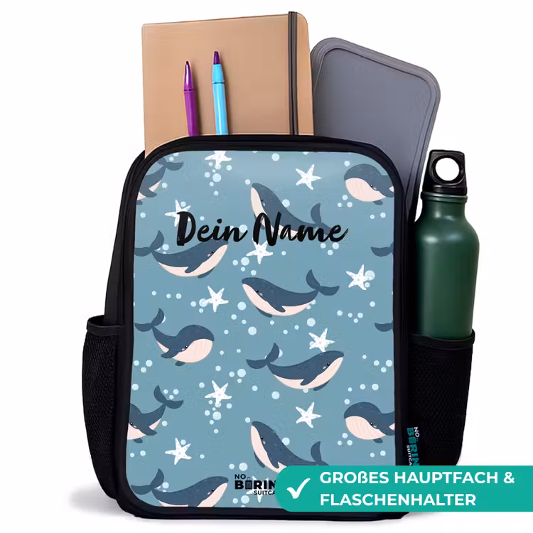 Kinderrucksack - Schwarz - Wale mit Seesternmuster blau — 8