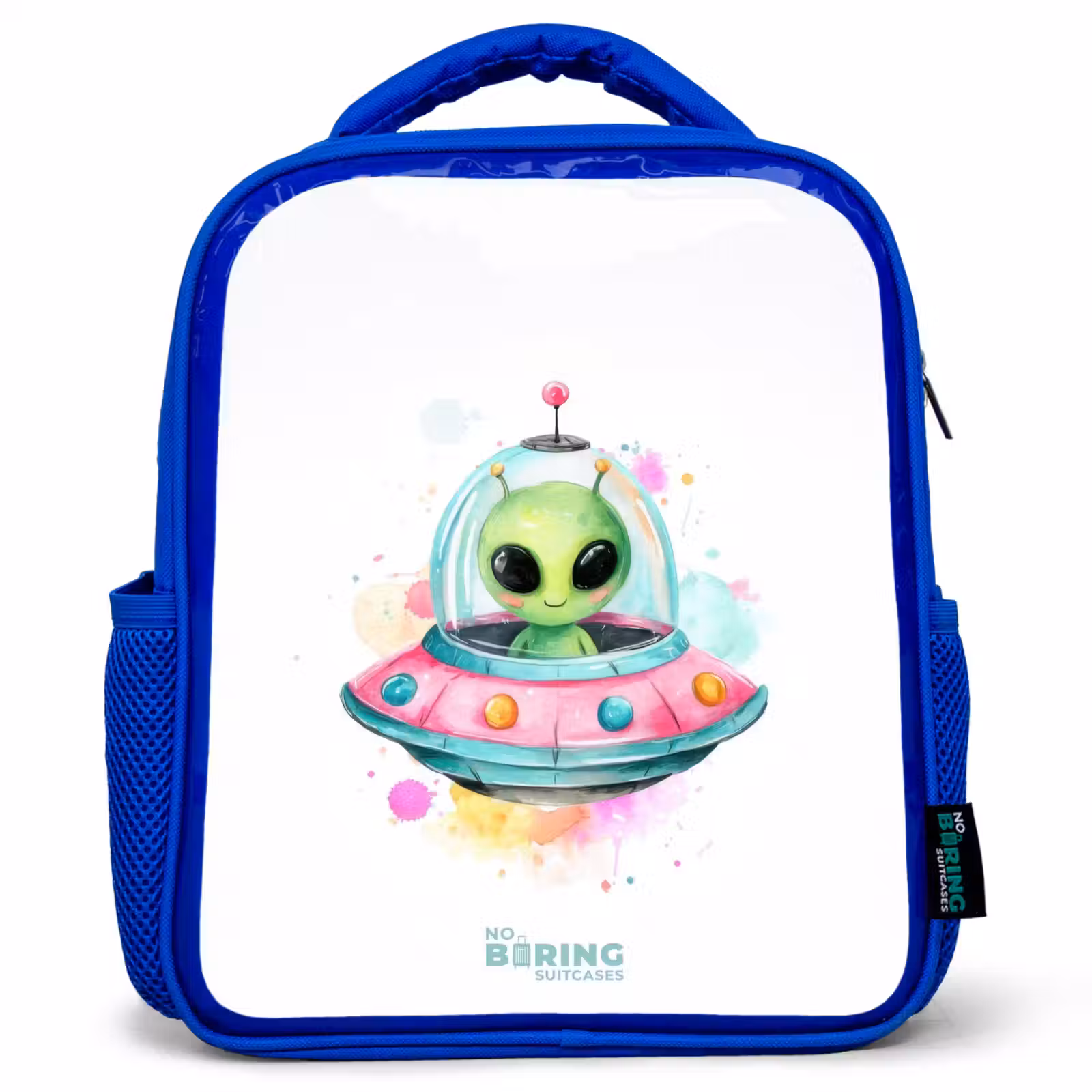 Kinderrucksack mit Namen - Blau - Grüner Außerirdischer in buntem UFO — 1