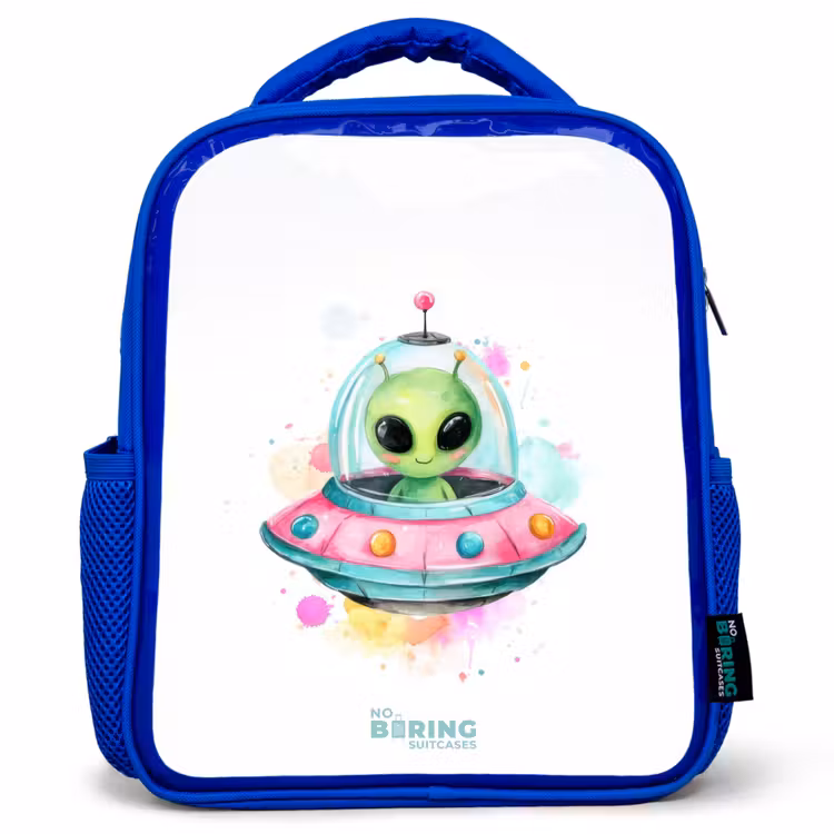 Kinderrucksack mit Namen - Blau - Grüner Außerirdischer in buntem UFO — 1