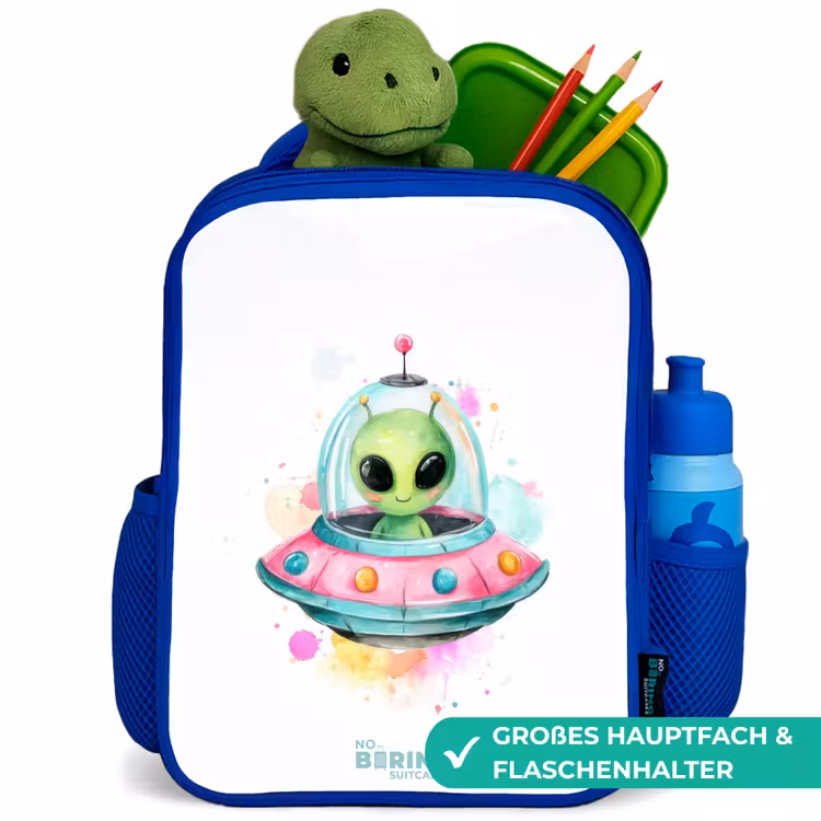 Kinderrucksack mit Namen - Blau - Grüner Außerirdischer in buntem UFO — 3