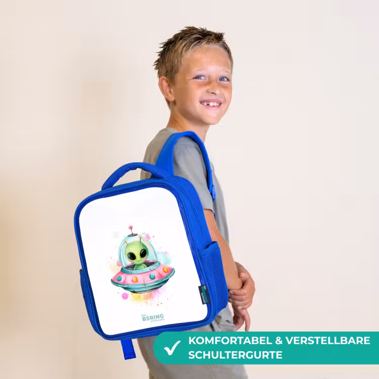 Kinderrucksack mit Namen - Blau - Grüner Außerirdischer in buntem UFO — 5