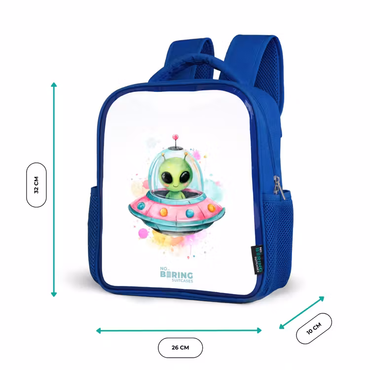 Kinderrucksack mit Namen - Blau - Grüner Außerirdischer in buntem UFO — 6