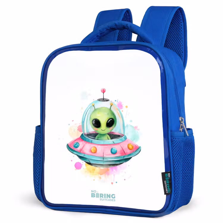 Kinderrucksack mit Namen - Blau - Grüner Außerirdischer in buntem UFO — 7
