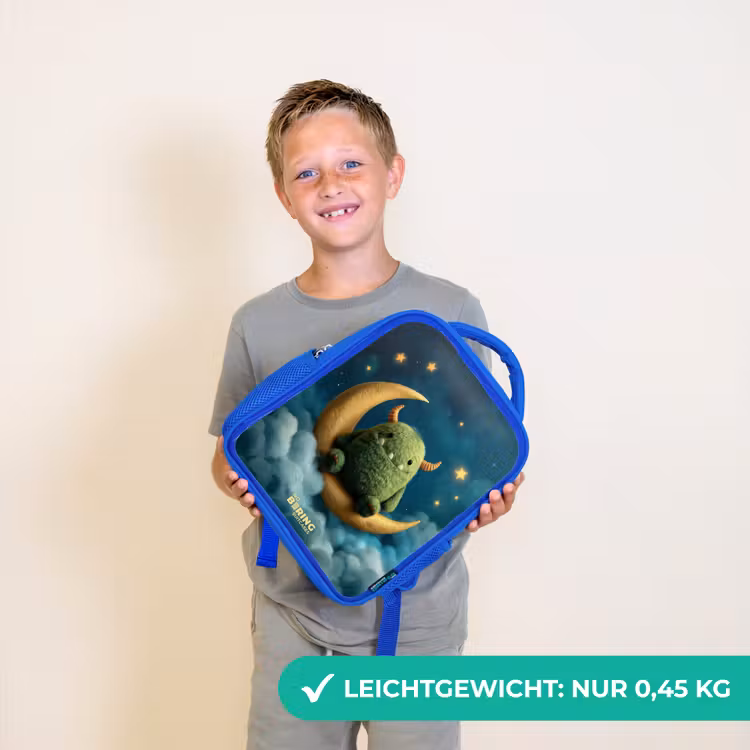 Kinderrucksack mit Namen - Blau - Grünes Ungeheuer auf Mondsichel — 4