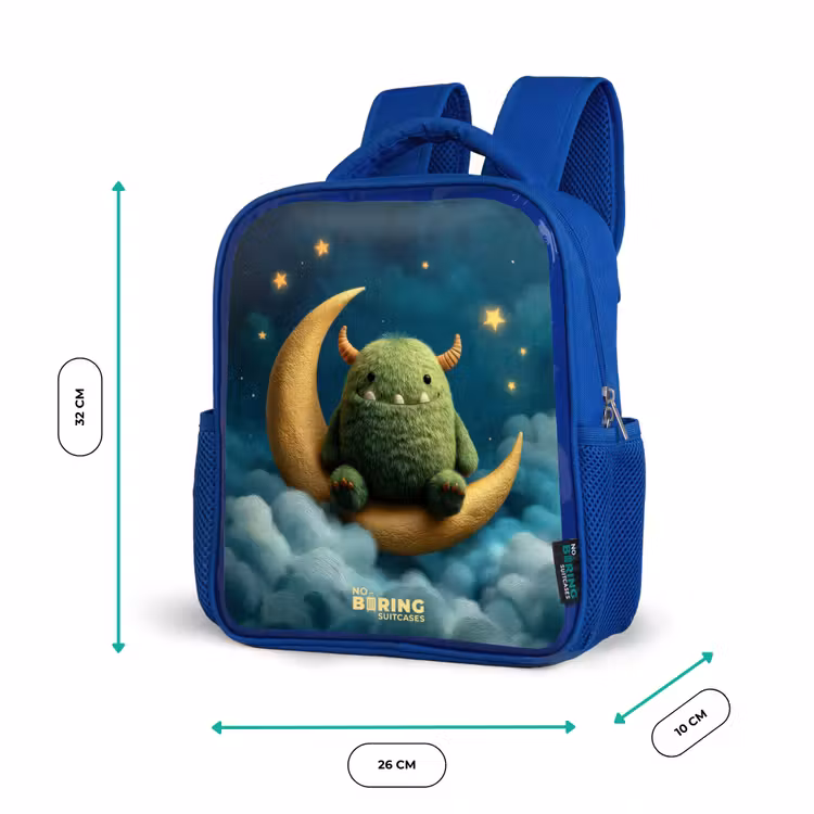 Kinderrucksack mit Namen - Blau - Grünes Ungeheuer auf Mondsichel — 6