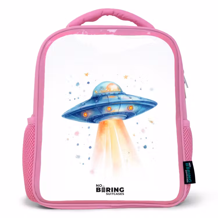 Kinderrucksack mit Name - Rosa - Blaues Raumschiff mit Lichtstrahl — 1
