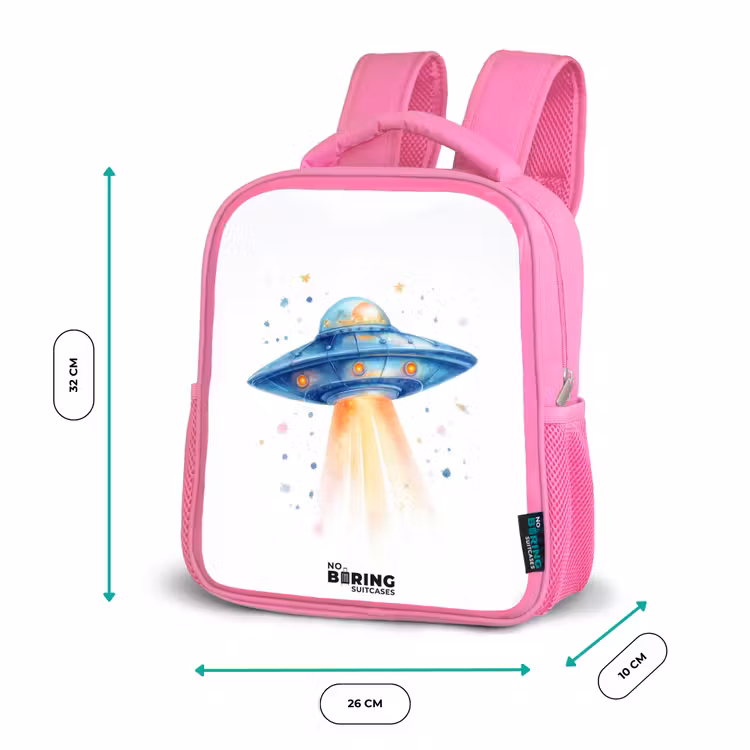 Kinderrucksack mit Name - Rosa - Blaues Raumschiff mit Lichtstrahl — 2