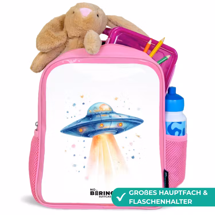 Kinderrucksack mit Name - Rosa - Blaues Raumschiff mit Lichtstrahl — 3
