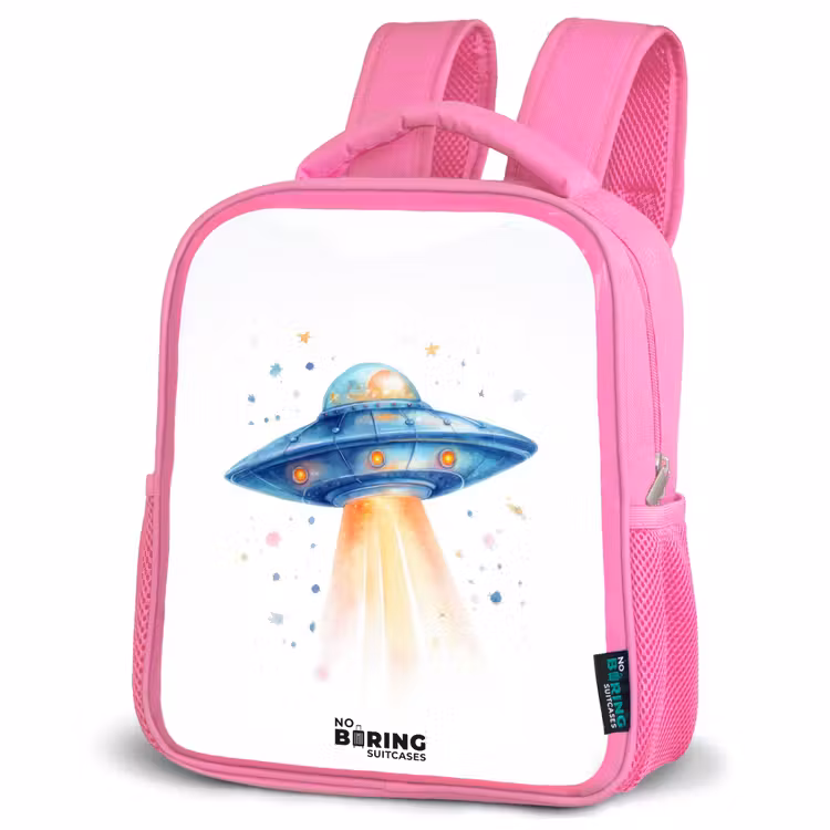 Kinderrucksack mit Name - Rosa - Blaues Raumschiff mit Lichtstrahl — 4