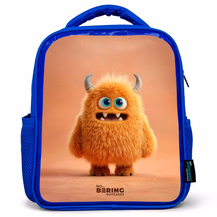 Kinderrucksack mit Namen - Blau - Orangefarbenes flauschiges Monster mit Hörnern — 1