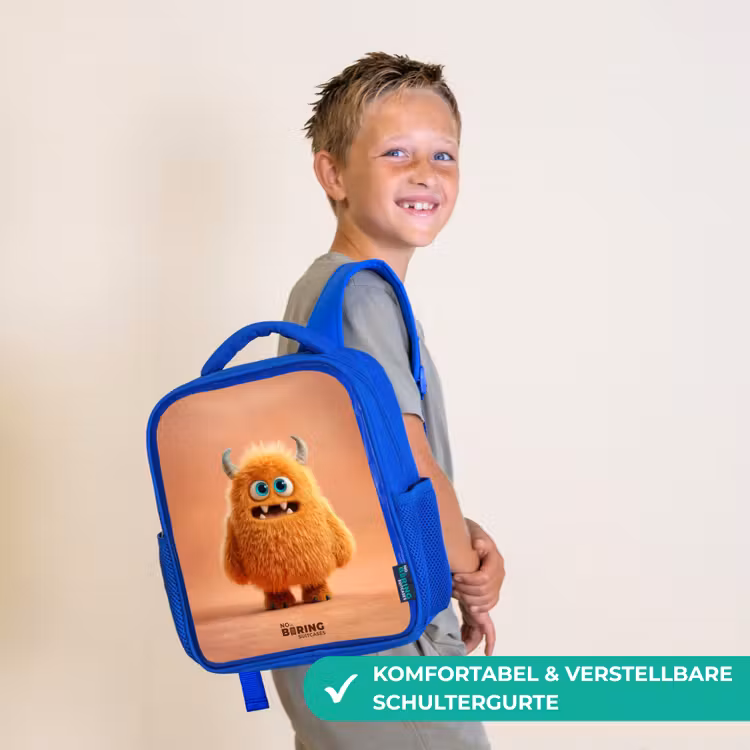 Kinderrucksack mit Namen - Blau - Orangefarbenes flauschiges Monster mit Hörnern — 5