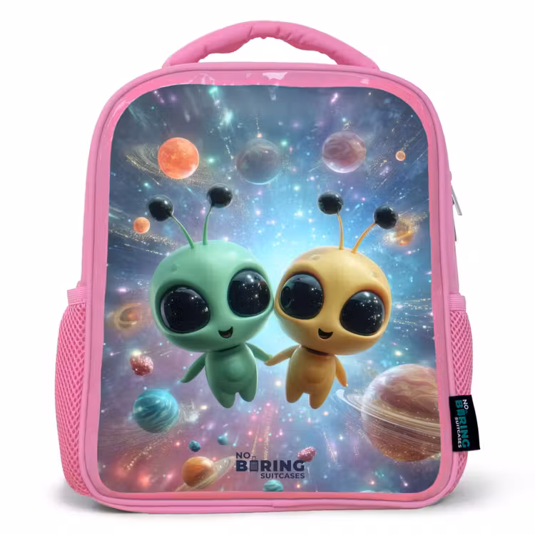 Kinderrucksack mit Name - Rosa - Fröhliche außerirdische Freunde — 1