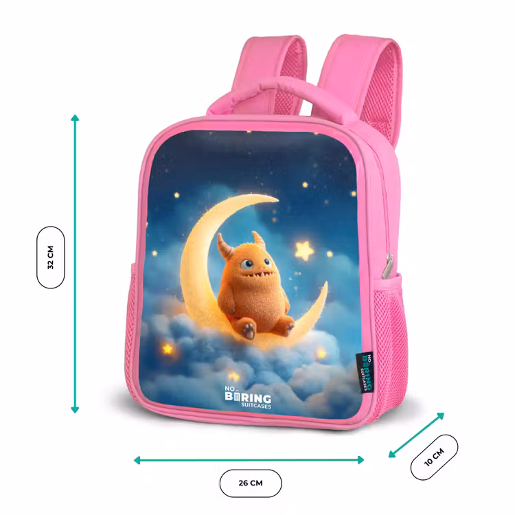 Kinderrucksack mit Name - Rosa - Orangefarbenes Ungeheuer auf Mondsichel — 2