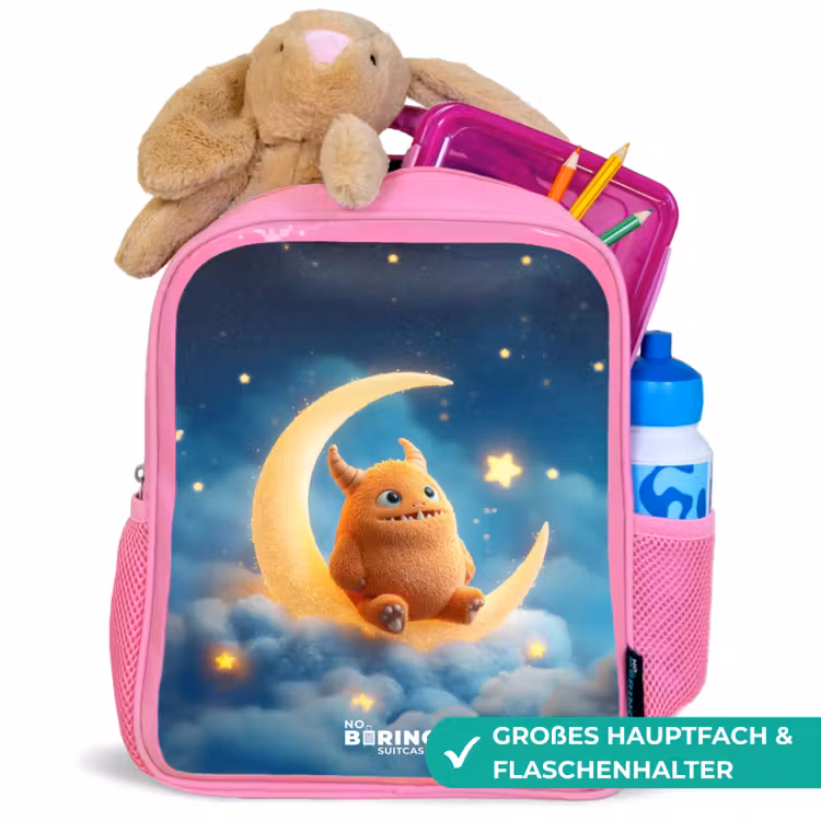 Kinderrucksack mit Name - Rosa - Orangefarbenes Ungeheuer auf Mondsichel — 3