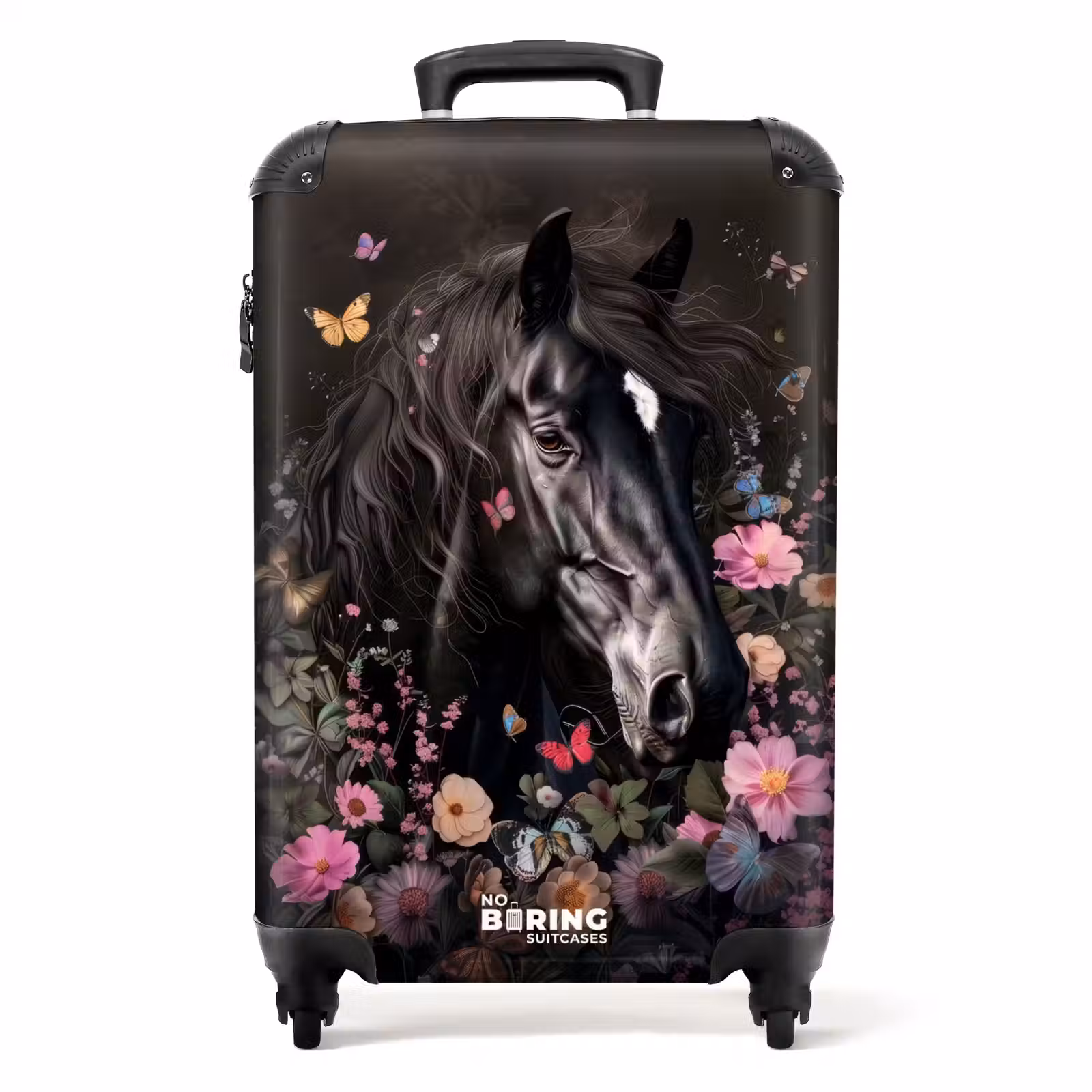 Koffer - Schwarzes Pferd mit weißer Blesse und bunten Blumen — 1