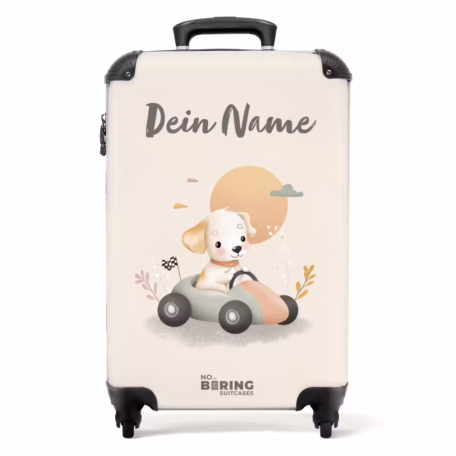 Koffer mit Name - Welpe in einem Rennwagen in Beige — 1