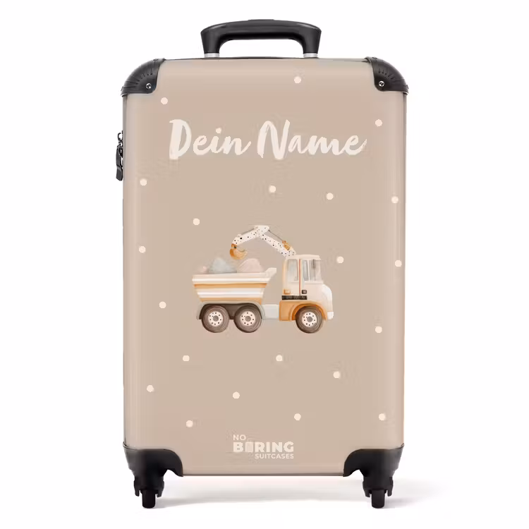Koffer mit Name - Gelber Muldenkipper mit Steinen und Tupfenmuster — 1