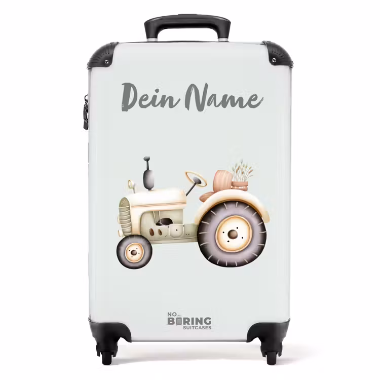 Koffer mit Name - Beigefarbener Oldtimer-Traktor in Pastellgrün — 1