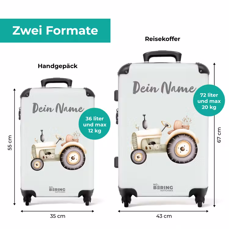 Koffer mit Name - Beigefarbener Oldtimer-Traktor in Pastellgrün — 7