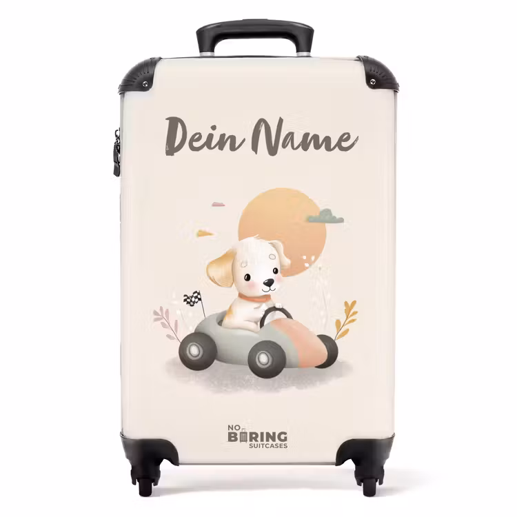 Koffer mit Name - Welpe in einem Rennwagen in Beige — 1