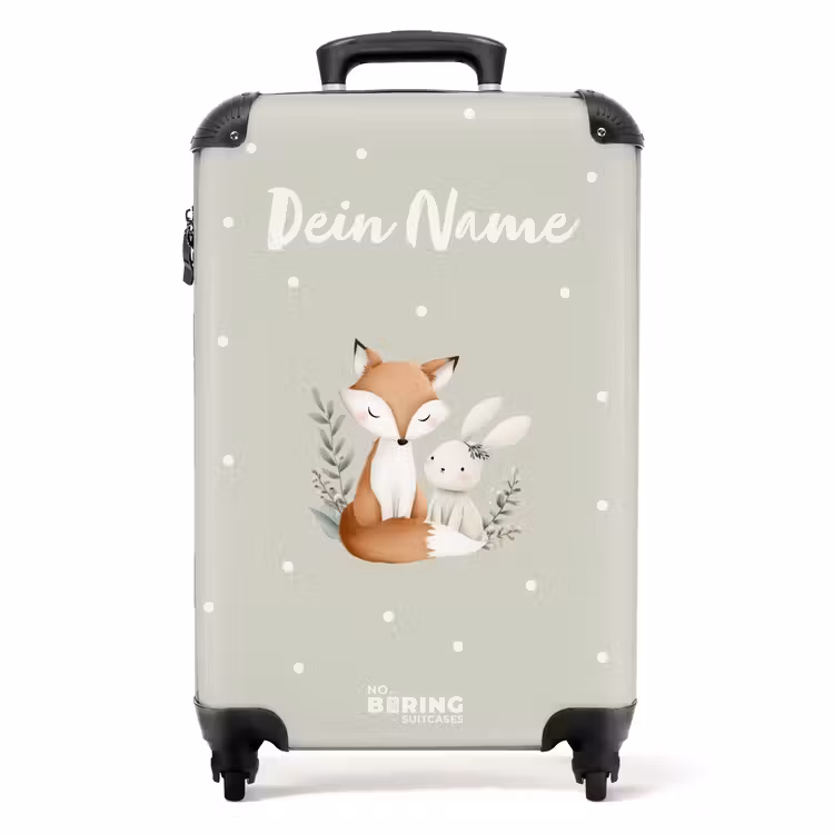 Koffer mit Name - Fuchs und Kaninchen umgeben von grünen Blättern und Punkten — 1