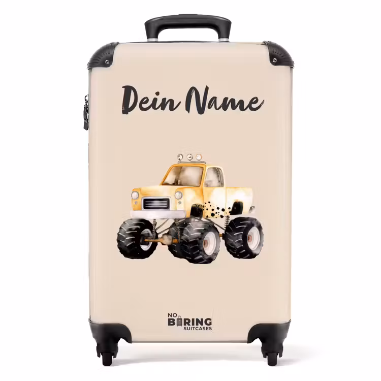 Koffer mit Name - Gelber Monstertruck auf beigem Hintergrund — 1