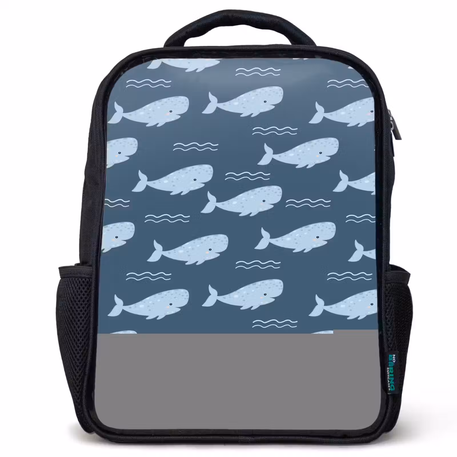Kinderrucksack - Schwarz - Wal mit Wellenmuster blau — 1