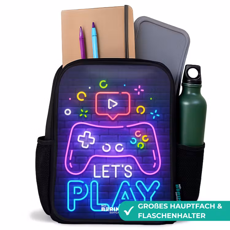 Kinderrucksack - Schwarz - Neon-Controller vor einer Backsteinmauer — 8