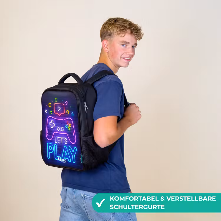Kinderrucksack - Schwarz - Neon-Controller vor einer Backsteinmauer — 9