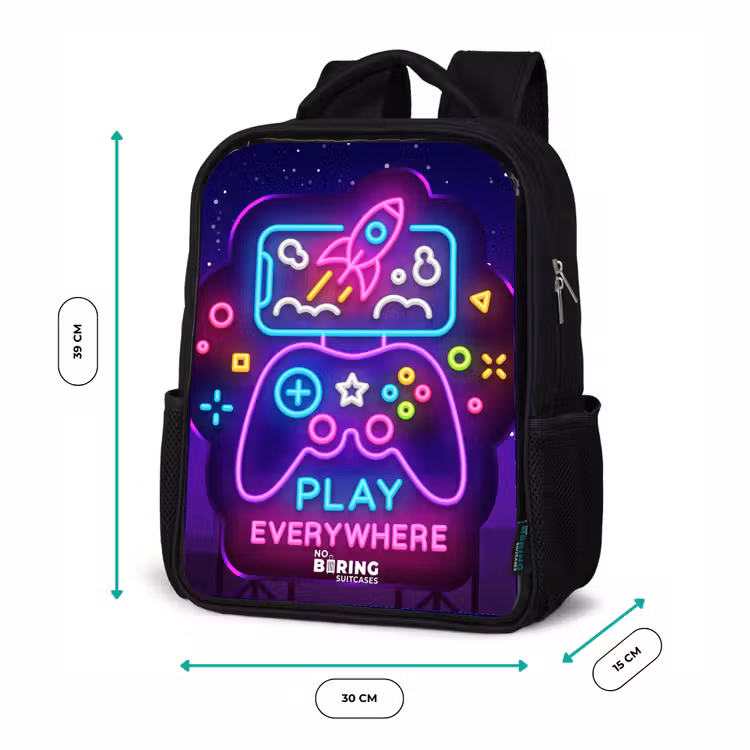 Kinderrucksack - Schwarz - Neon-Illustration mit einem Controller — 6