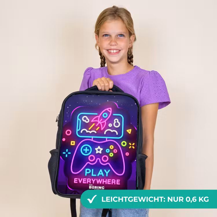 Kinderrucksack - Schwarz - Neon-Illustration mit einem Controller — 7