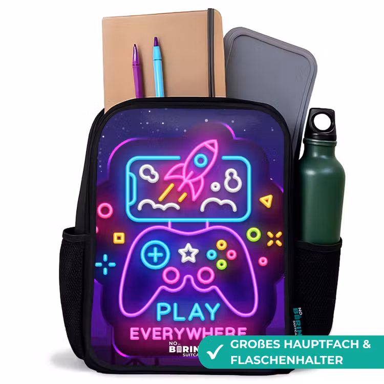 Kinderrucksack - Schwarz - Neon-Illustration mit einem Controller — 8