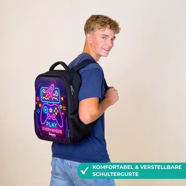Kinderrucksack - Schwarz - Neon-Illustration mit einem Controller — 9