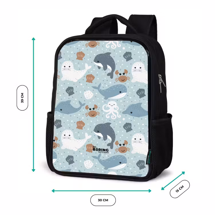 Kinderrucksack - Schwarz - Seetiermuster bunt — 5
