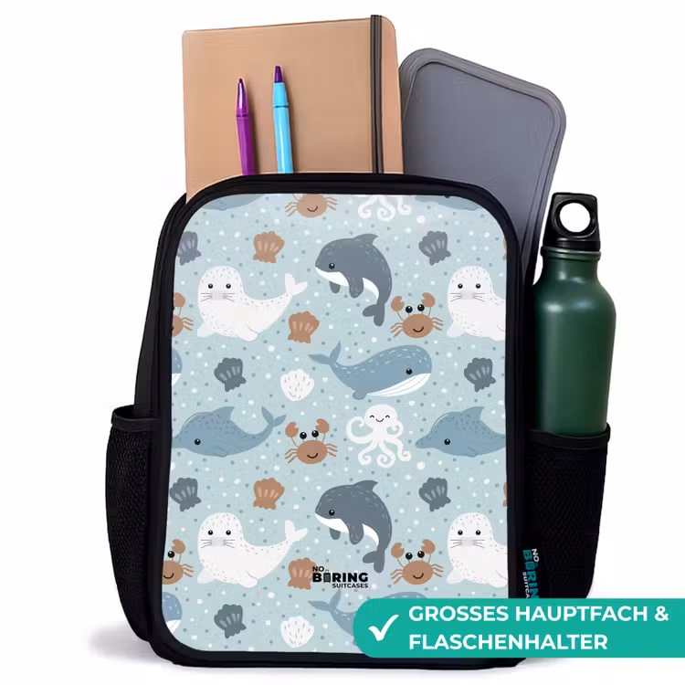 Kinderrucksack - Schwarz - Seetiermuster bunt — 7
