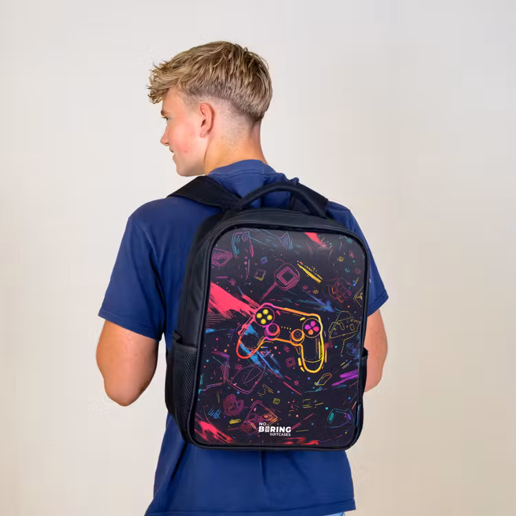 Kinderrucksack - Schwarz - Spielewelt im Neon-Stil — 3