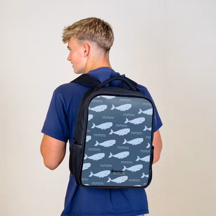 Kinderrucksack - Schwarz - Wal mit Wellenmuster blau — 3
