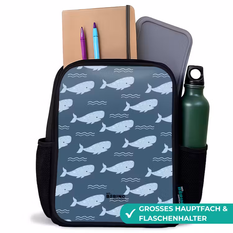 Kinderrucksack - Schwarz - Wal mit Wellenmuster blau — 7