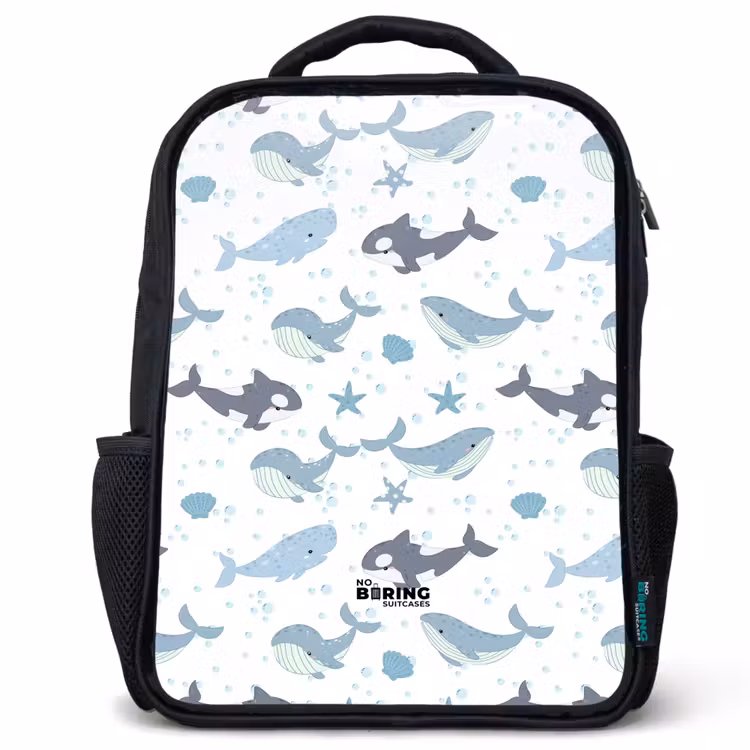 Kinderrucksack - Schwarz - Wal-Muster mit Muscheln blau — 1
