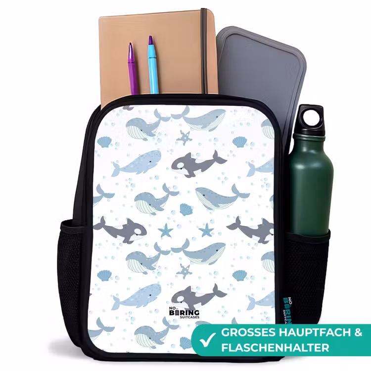 Kinderrucksack - Schwarz - Wal-Muster mit Muscheln blau — 7