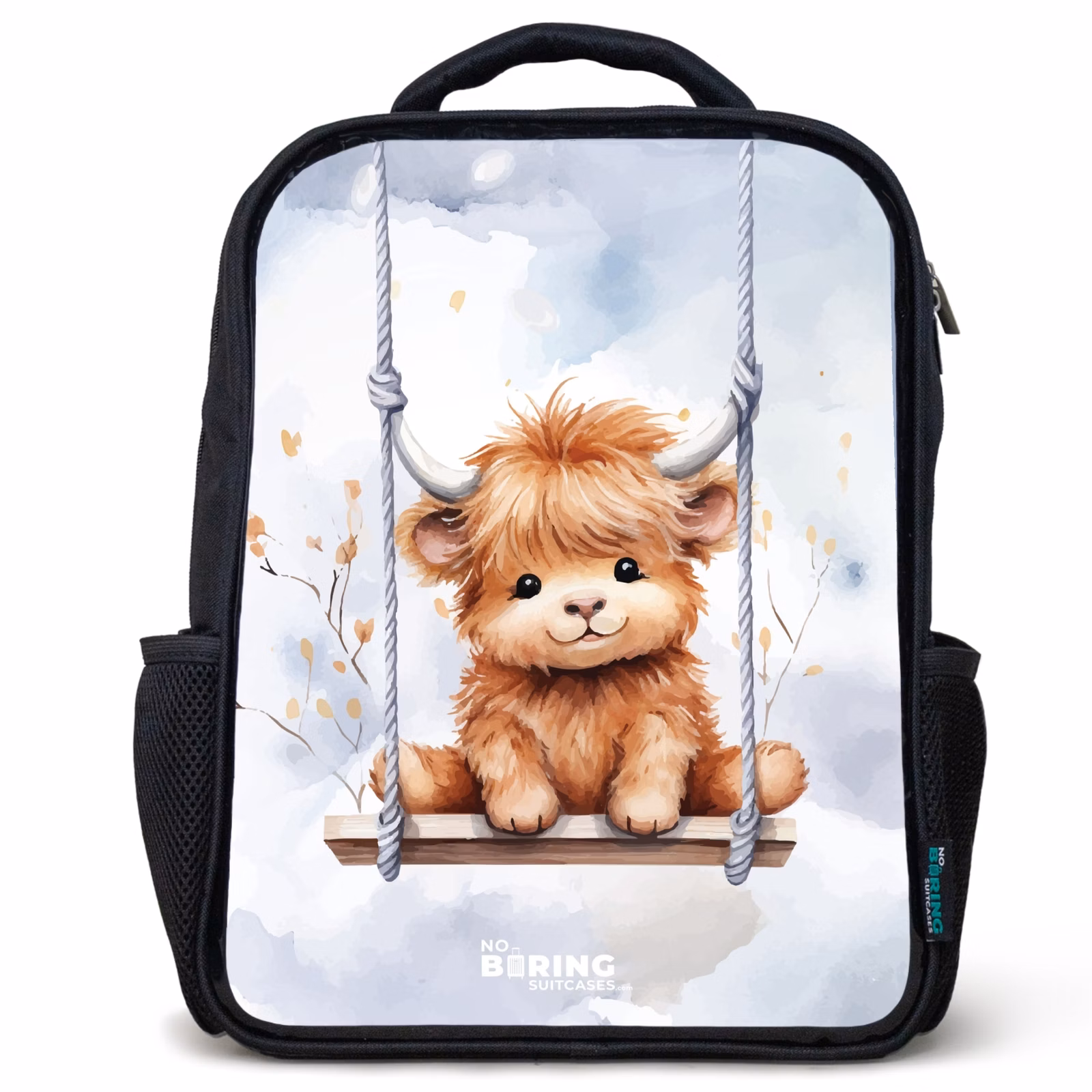 Kinderrucksack - Schwarz - Schaukelnder schottischer Highlander Aquarell-Kalb — 1