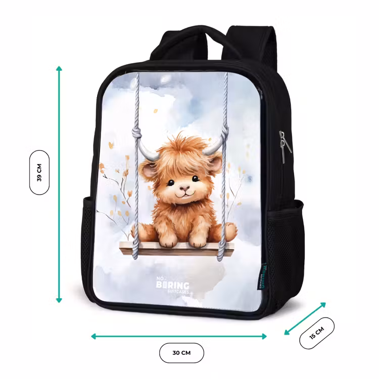 Kinderrucksack - Schwarz - Schaukelnder schottischer Highlander Aquarell-Kalb — 6