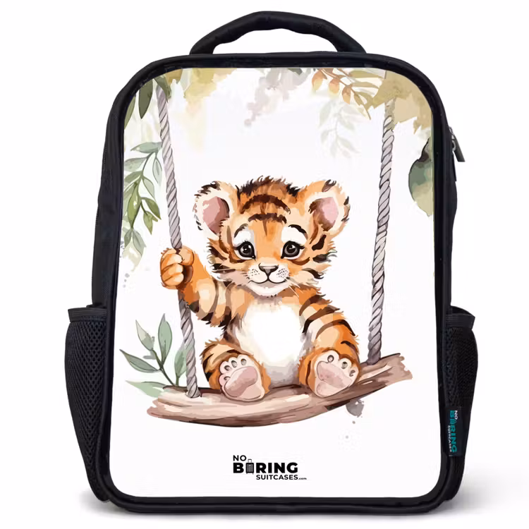 Kinderrucksack - Schwarz - Schaukelndes Tigerjunges Aquarellzeichnung — 1