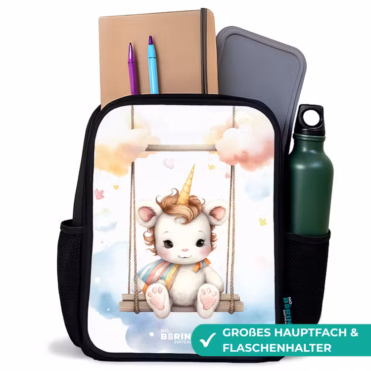 Kinderrucksack - Schwarz - Weißes Baby-Einhorn auf einer Schaukel in den Wolken — 8